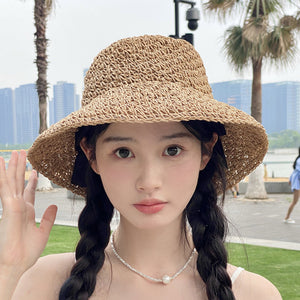Mũ cói móc tay retro vành rộng kiểu đan dây - M020