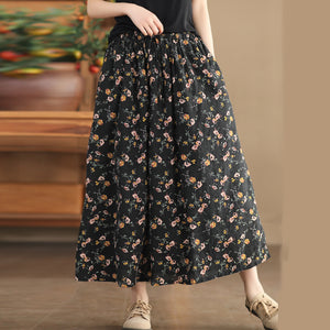 Chân váy linen retro lưng thun in hoa lá li ti hai lớp - V110