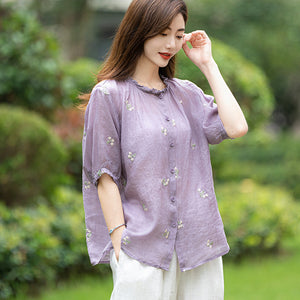 Áo sơ mi linen ngắn tay cổ tròn ren thêu những chùm hoa - A017