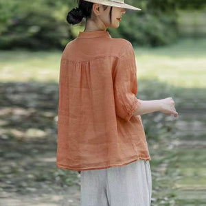 Áo sơ mi linen ngắn tay cổ pipi thêu hoa trước ngực - A975