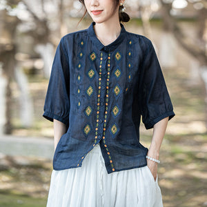 Áo sơ mi linen ngắn tay cổ pipi thêu những hình thoi - NU10149