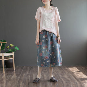 Chân váy denim retro lưng thun in hoa hồng - NU10042