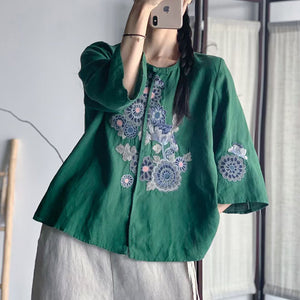 Áo sơ mi linen tay lửng cổ tròn một khuy thêu hoa lá - NU9071