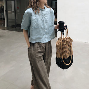 Áo sơ mi linen ngắn tay cổ đứng hai túi vuông  - NU7418