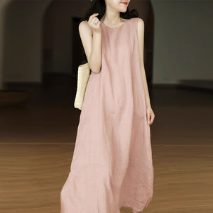 Đầm liền linen sát nách cổ tròn một khuy tròn kiểu xẻ tà - NU8963