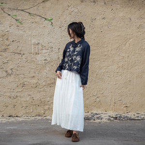 Áo sơ mi croptop dài tay linen cổ đức thêu hoa lá - A965