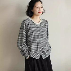 Áo sơ mi linen dài tay cổ tròn ren kẻ caro - NU10070
