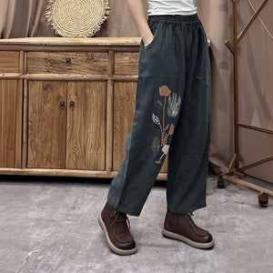 Quần baggy linen lưng thun thêu hoa lá - NU9780