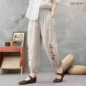 Quần baggy linen lửng lưng thun ống bo thêu hai nhành hoa - Q145