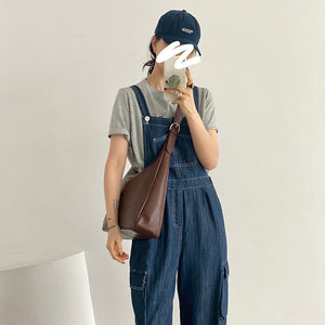 Quần baggy yếm denim chiết eo ống đứng - NU10373