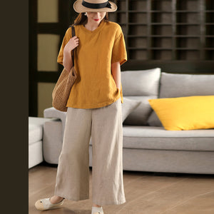 Áo T-shirt linen ngắn tay cổ tròn đơn sắc - A799