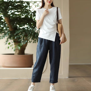 Quần baggy linen lưng thun hai túi chéo khuy cài - NU9065