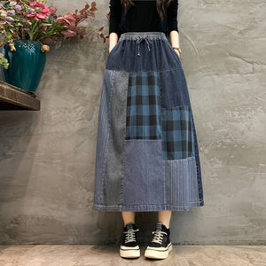 Chân váy denim retro lưng thun dây rút kẻ sọc caro - NU9762