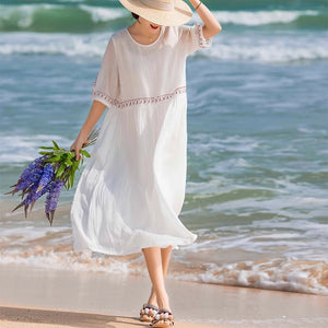 Đầm liền linen retro ngắn tay cổ tròn thêu đường viền - NU9045