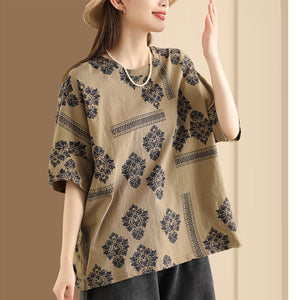 Áo T-shirt linen ngắn tay cổ tròn hoa văn trừu tượng - NU9985