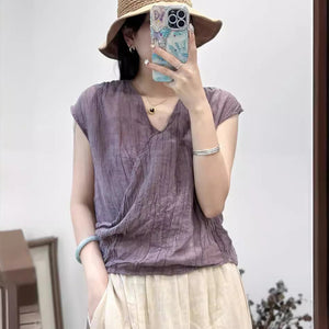 Áo T-shirt linen sát nách cổ V kiểu vạt chéo - NU10293