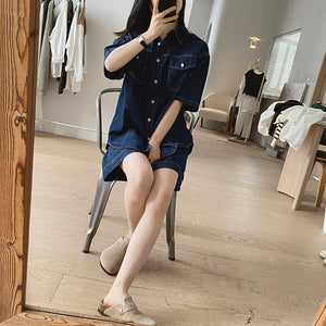 Bộ đồ denim gồm quần sooc và áo sơ mi ngắn tay cổ đức - NU8682