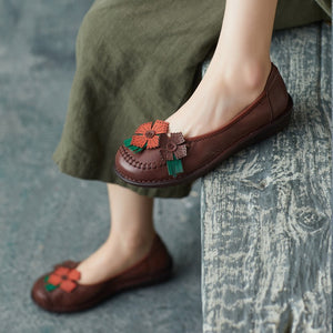 Giày da morigirl retro đế bằng đính hai hoa - OD2274