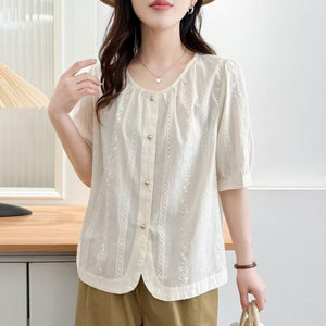 Áo sơ mi linen ngắn tay cổ tròn thêu hoa liti - A876