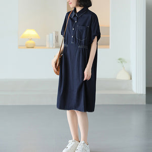 Đầm liền denim ngắn tay cổ đức chiết eo - NU10338