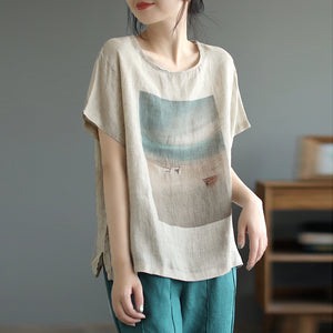Áo T-shirt linen ngắn tay cổ tròn in phong cảnh - NU8770