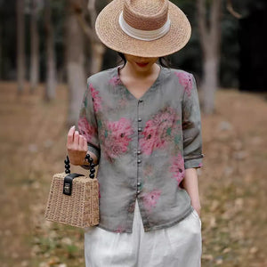 Áo sơ mi linen ngắn tay cổ V khuy tròn in hoa anh đào - NU10002