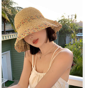 Mũ cói móc tay retro vành rộng phối màu sắc - M014