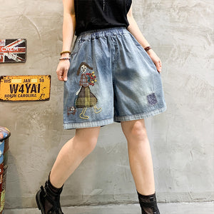 Quần sooc denim lưng thun thêu cô gái và chú cún - NU8827