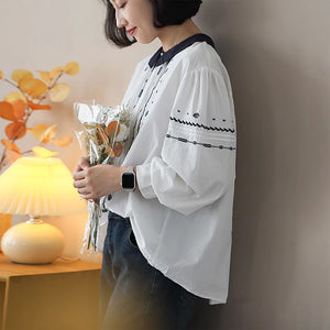 Áo sơ mi dài tay cổ tròn bẻ thêu hoa lá đối xứng - NU9074
