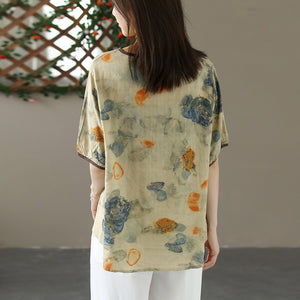 Áo sơ mi linen ngắn tay cổ tròn in hoa lá 3 khuy - NU10310