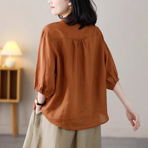 Áo sơ mi linen ngắn tay cổ tròn form rộng vạt mullet - NU8825