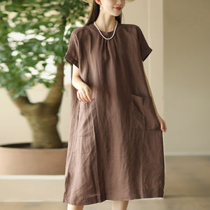 Đầm liền linen ngắn tay cổ tròn khuy cài sau hai túi vuông - D006