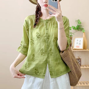 Áo sơ mi linen ngắn tay cổ tròn thêu hoa lá đồng màu - NU9850