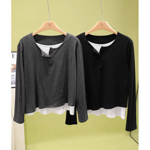 Áo T-shirt dài tay cổ tròn khuy cài một màu - NU9436