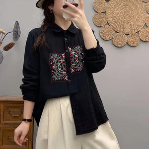 Áo sơ mi linen dài tay cổ đức thêu trang trí ô vuông - NU10347