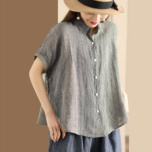Áo sơ mi linen ngắn tay phối màu cổ đức kẻ caro - NU10151