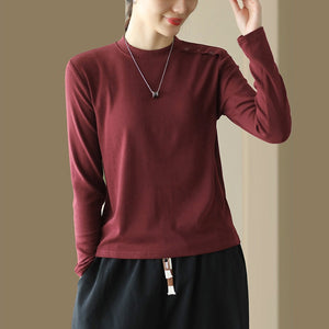 Áo T-shirt dài tay cổ tròn tròn đơn sắc khuy cầu vai - NU9199