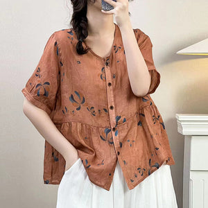 Áo sơ mi linen ngắn tay cổ V kiểu hai tầng in hoa lá - NU10244