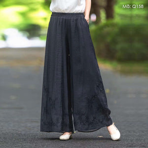Quần baggy linen lưng thun ống rộng thêu hoa lá retro - Q156