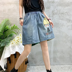 Quần sooc denim lưng thun đính cô bé đội mũ - NU8826