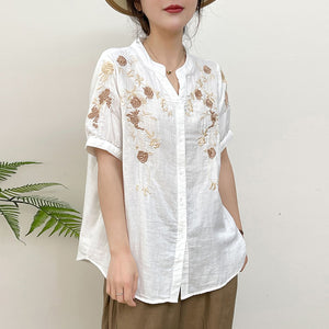 Áo sơ mi linen ngắn tay cổ đứng xẻ V thêu những bông hồng - NU10329