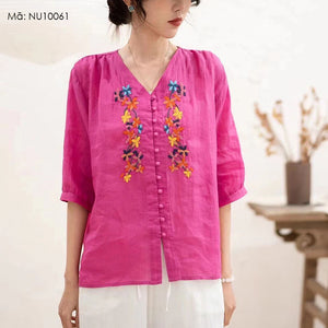 Áo sơ mi linen ngắn tay cổ V thêu hoa lá khuy tròn - NU10059