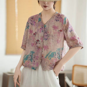 Áo sơ mi linen ngắn tay cổ V in hoa lá bo ren - A892