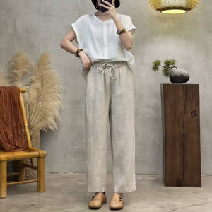 Quần baggy linen lưng thun ống đứng đơn sắc - Q248