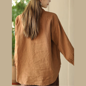 Áo sơ mi linen dài tay cổ đức thêu hoa vạt mullet - NU9798