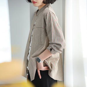 Áo sơ mi linen dài tay cổ đứng kẻ sọc caro - NU9837