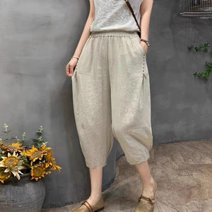 Quần baggy linen lửng lưng thun hai túi chéo chỉ nổi - NU8932