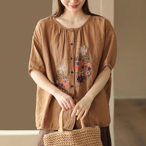 Áo sơ mi linen ngắn tay cổ tròn thêu hoa lá lệch - NU8949
