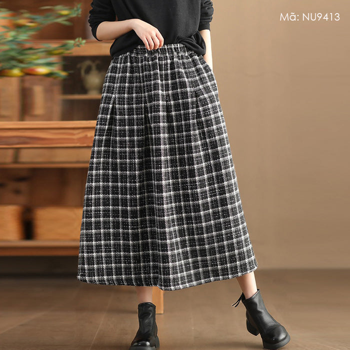 Chân váy len dạ retro kẻ sọc caro lưng thun - NU9413