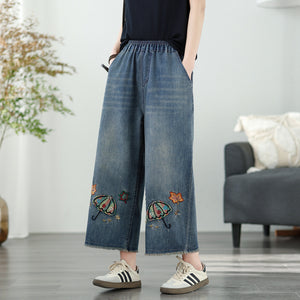 Quần baggy denim lửng lưng thun thêu chiếc ô - Q155